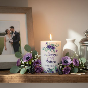 Purple watercolor floral wedding  pillar candle