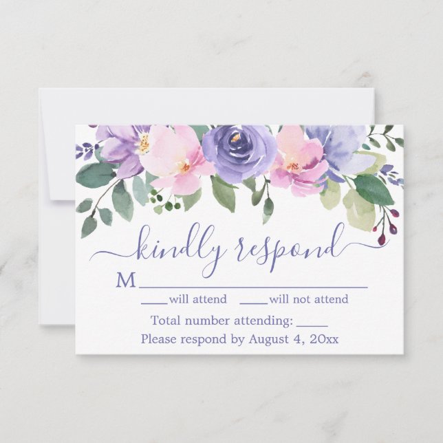 Purple Watercolor Floral Wedding RSVP Card (Front)
