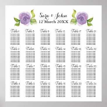 purple watercolor floral wedding seating plan poster