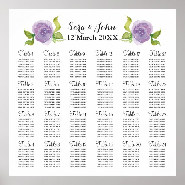 purple watercolor floral wedding seating plan poster (Front)