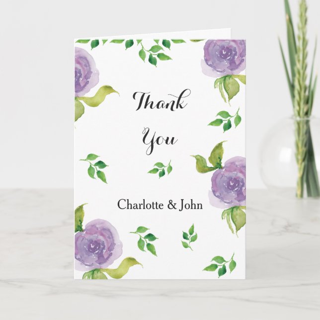 Purple watercolor floral wedding Thank You (Front)