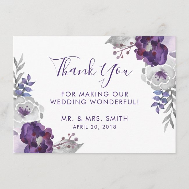 Purple Watercolor Floral Wedding Thank You