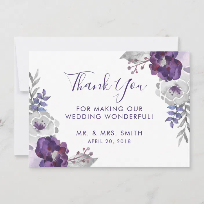 Purple & Lilac Watercolour Floral Personalized Wedding Thank You Cards 