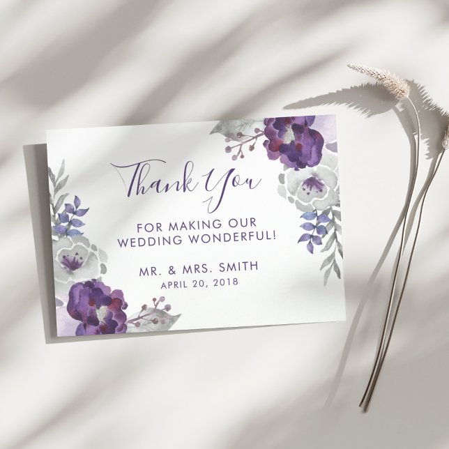 Purple Watercolor Floral Wedding Thank You Card (Purple Watercolor Floral Wedding Thank You)