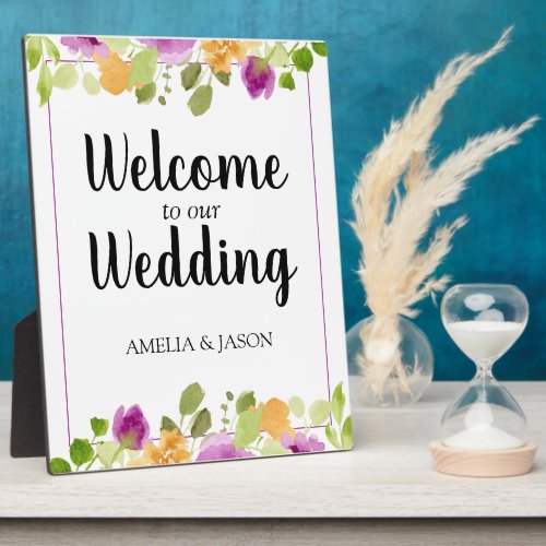 Purple Watercolor Floral Wedding Welcome Plaque