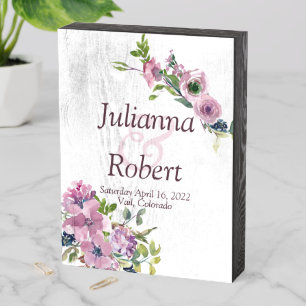 Purple watercolor floral wedding wooden box sign