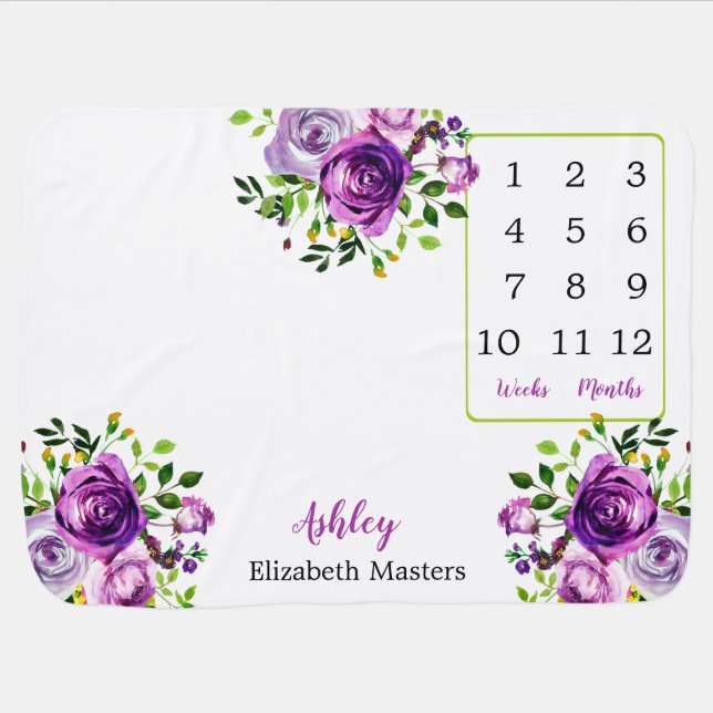 Purple Watercolor Floral Week | Month Milestone Baby Blanket (Horizontal)