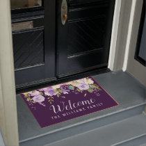 purple watercolor floral welcome script doormat