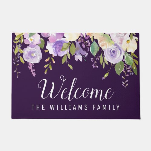purple watercolor floral welcome script doormat