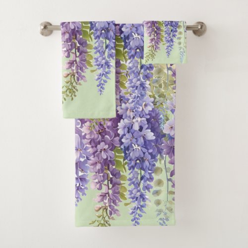 Purple watercolor floral wisteria lilac botanical  bath towel set