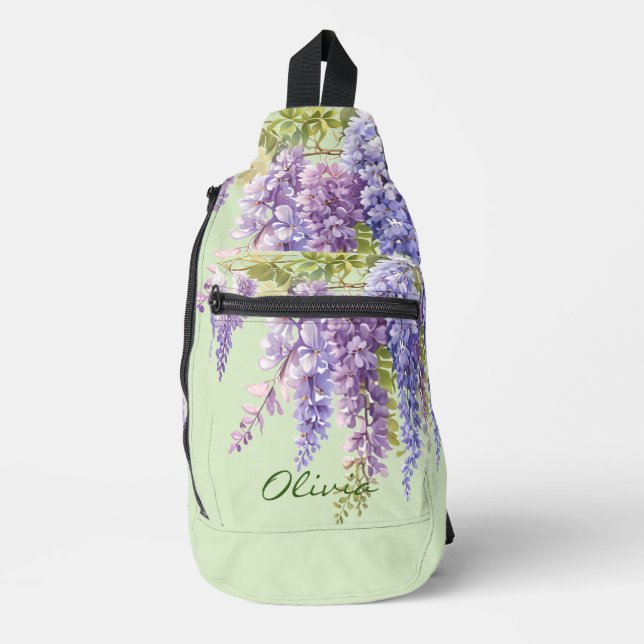 Purple watercolor floral wisteria lilac botanical  sling bag (Front)