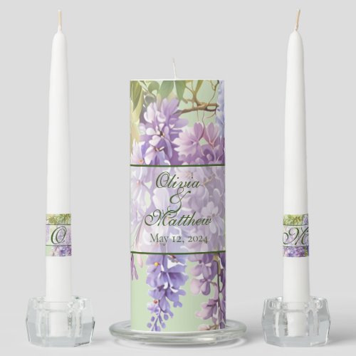 Purple watercolor floral wisteria lilac botanical  unity candle set