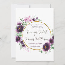 Purple Watercolor Floral Wreath Wedding Invitation