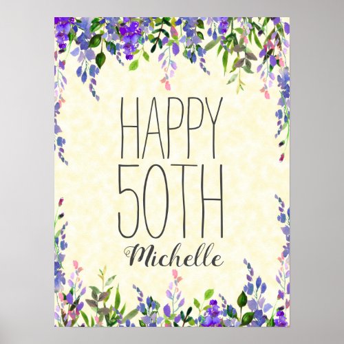 Purple Watercolor Floral Yellow 50th Birthday Poster