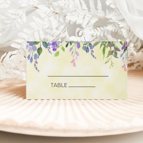 Purple Watercolor Floral Yellow Wedding Table Place Card