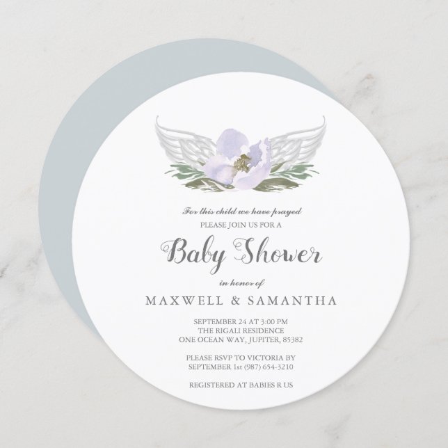 Purple Watercolor Florals Angel Wings Baby Shower Invitation (Front/Back)