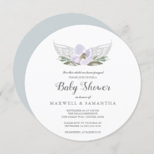 Purple Watercolor Florals Angel Wings Baby Shower Invitation