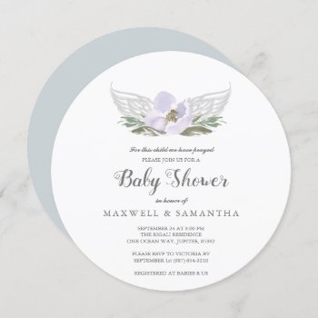 Purple Watercolor Florals Angel Wings Baby Shower Invitation by VGInvites at Zazzle