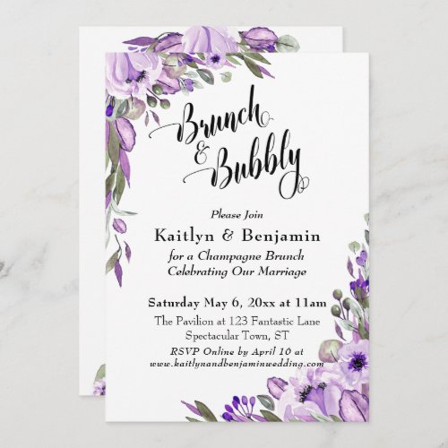 Purple Watercolor Florals Brunch  Bubbly Invitation