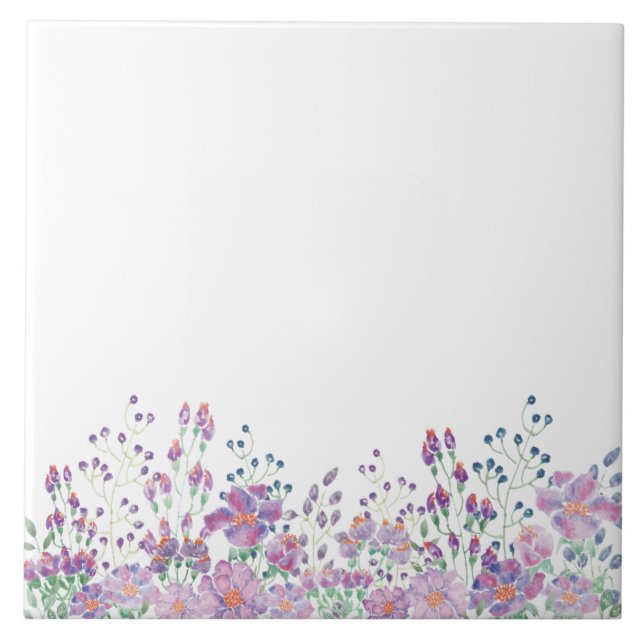 purple watercolor flower bottom border ceramic tile (Front)