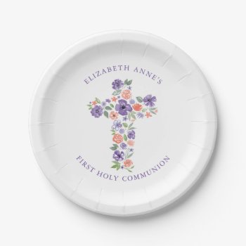 Purple Watercolor Flower Cross First Communion Paper Plates by labellarue at Zazzle