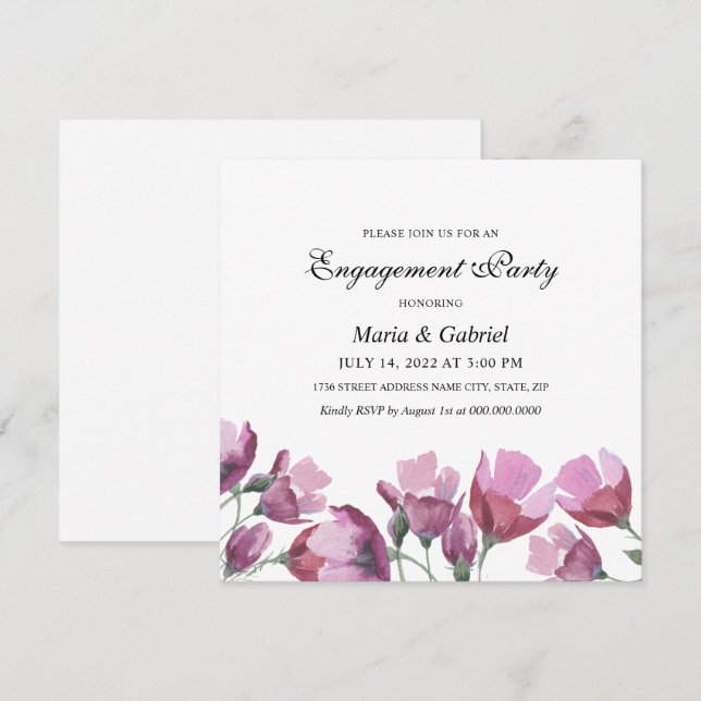 Purple watercolor Flower. Floral Engagement Party  Invitation (Front/Back)