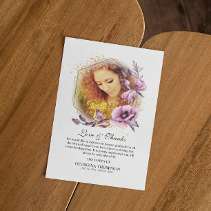 Purple Watercolor Flower Photo Frame Sympathy Thank You Card