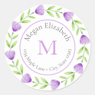 Purple Watercolor Flower Stem Wreath labels
