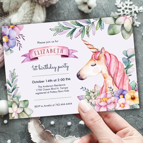 Purple Watercolor Flower Unicorn Girl Birthday  Invitation