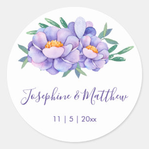 Purple Watercolor Flower Wedding Classic Round Sticker
