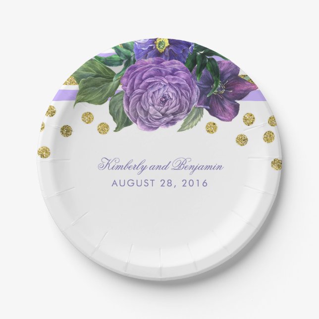 Purple Watercolor Flowers and Gold Confetti Modern Paper Plates (Front)