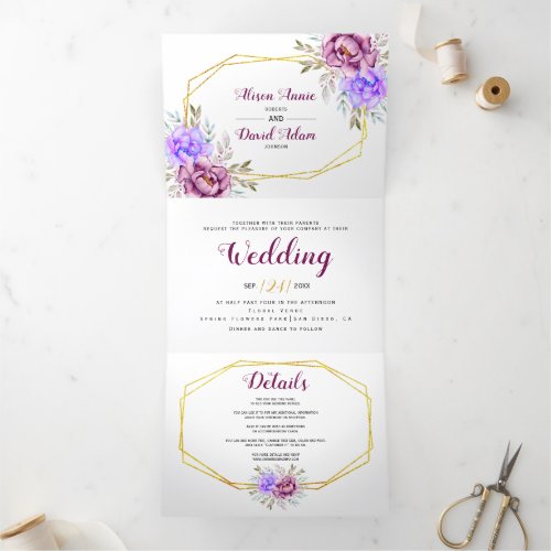 Purple watercolor flowers and gold frame wedding   Tri_Fold invitation