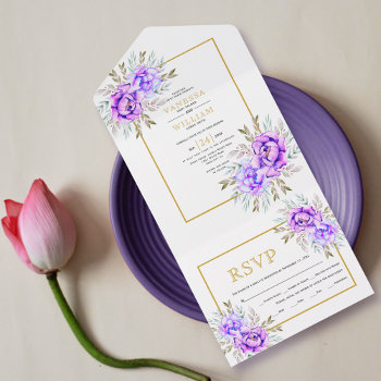 Purple Watercolor Flowers And Leaves Gold Wedding All In One Invitation by weddings_ at Zazzle