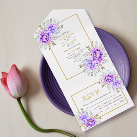 Purple Watercolor Flowers And Leaves Gold Wedding All In One Invitatio