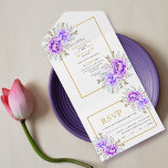 Purple Watercolor Flowers And Leaves Gold Wedding All In One Invitation at Zazzle
