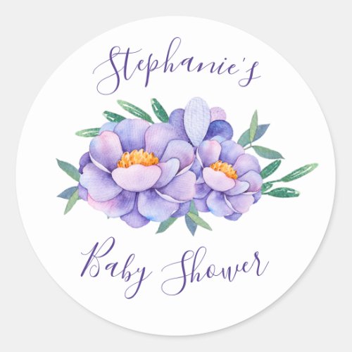 Purple Watercolor Flowers Baby Shower Personalized Classic Round Sticker