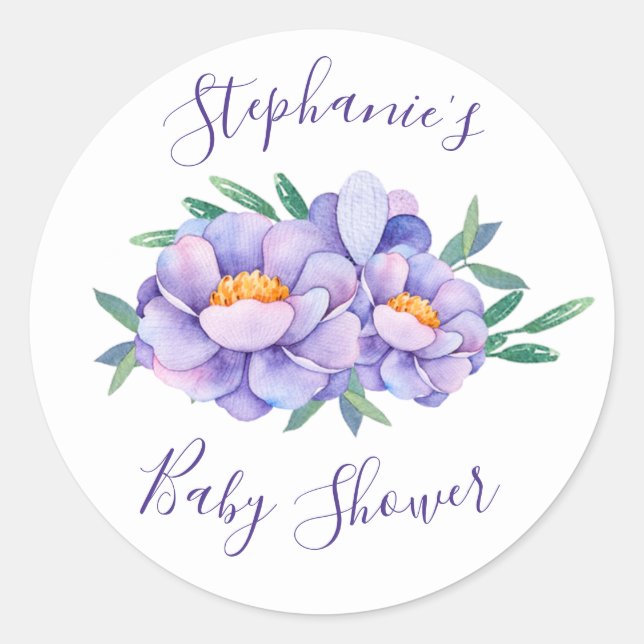 Purple Watercolor Flowers Baby Shower Personalized Classic Round Sticker (Front)