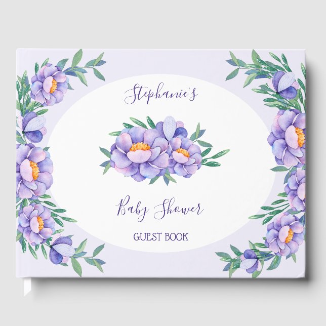 Purple Watercolor Flowers Baby Shower Personalized Guest Book (Front)
