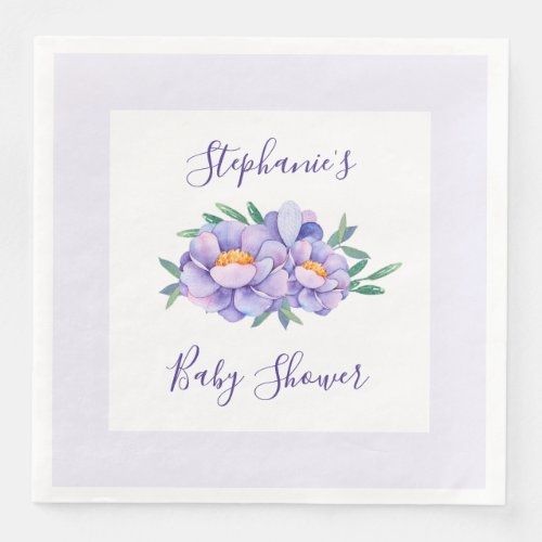 Purple Watercolor Flowers Baby Shower Personalized Paper Dinner Napkins