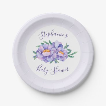 Purple Watercolor Flowers Baby Shower Personalized Paper Plates