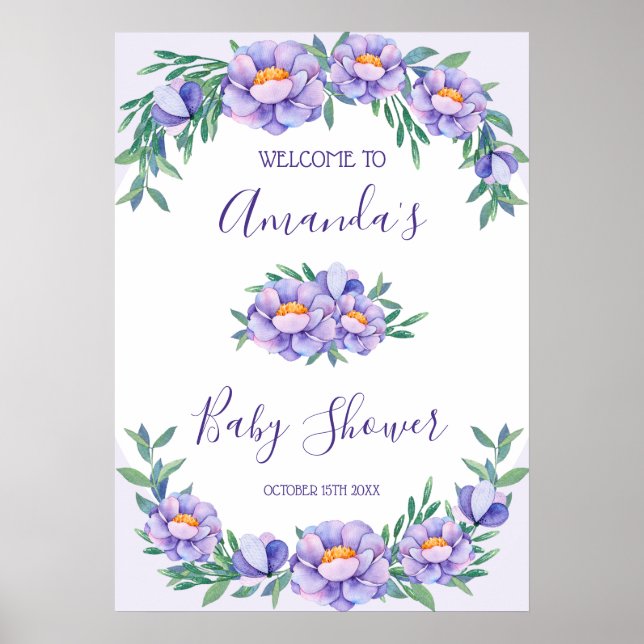 Purple Watercolor Flowers Baby Shower Personalized Poster (Front)