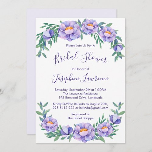 Purple Watercolor Flowers Bridal Shower Invitation