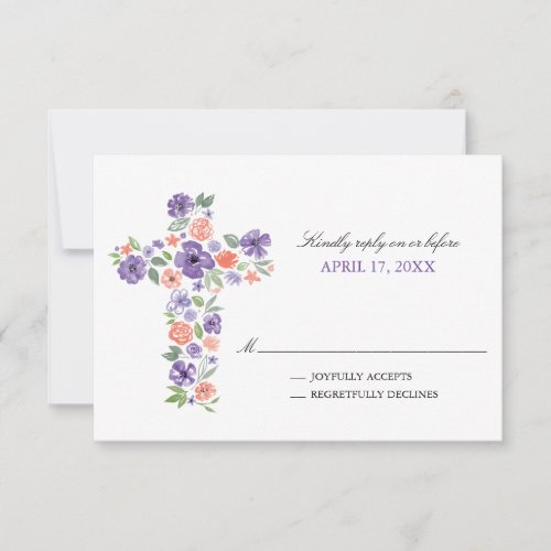 Purple Watercolor Flowers Cross First Communion Invitation