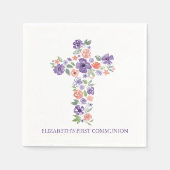 Purple Watercolor Flowers Cross First Communion Napkins by labellarue at Zazzle