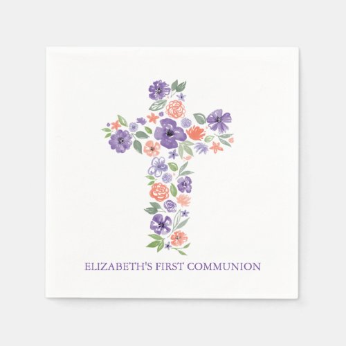 Purple Watercolor Flowers Cross First Communion Napkins
