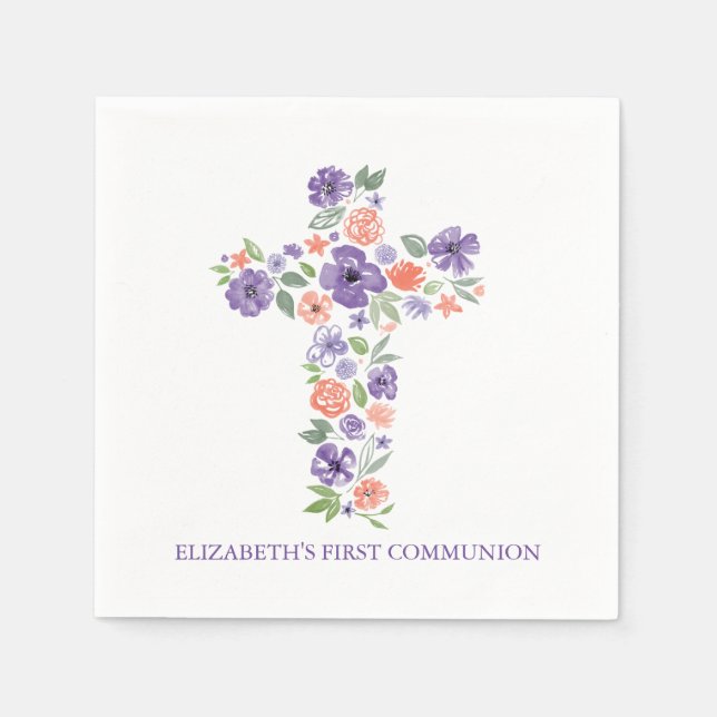 Purple Watercolor Flowers Cross First Communion Napkins (Front)