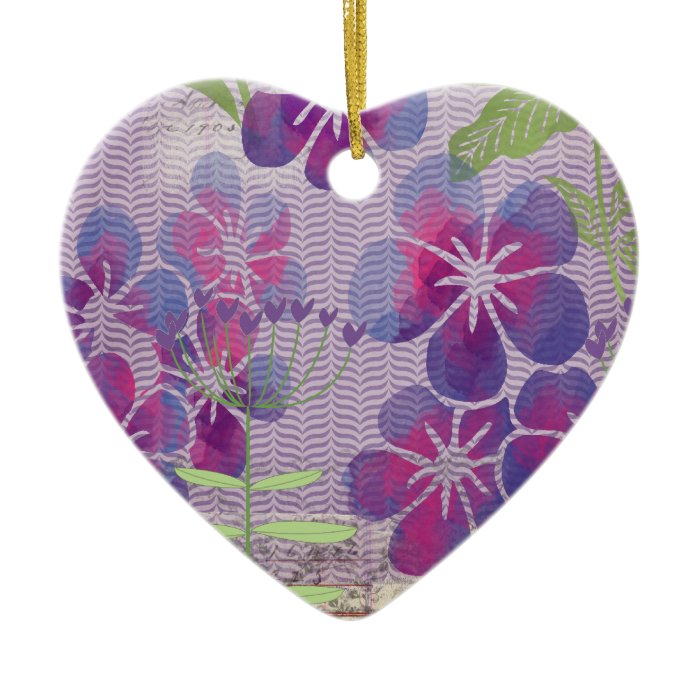 Purple Watercolor Flowers Custom Heart Keepsake Ornament