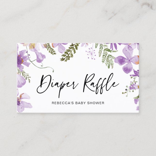 Purple Watercolor Flowers Diaper Raffle Card (Front)
