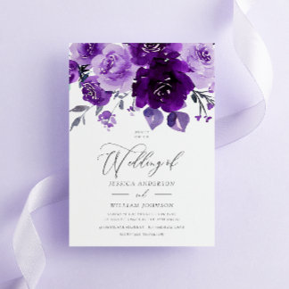 Purple Watercolor Flowers Elegant Wedding Invitation