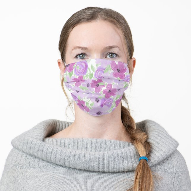 Purple Watercolor Flowers Floral Adult Cloth Face Mask (Worn)